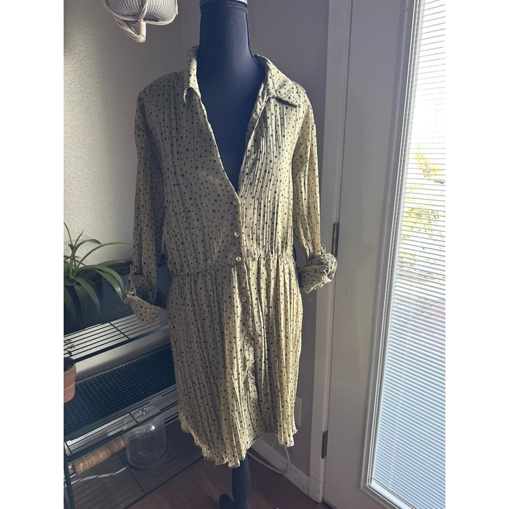 ZARA Polka Dot  collared Button-Front Shirt Dress – Long Sleeve Light Green Midi
